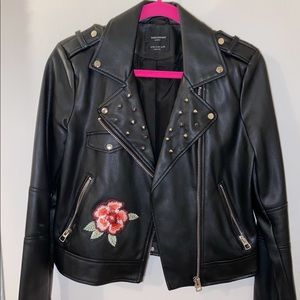 Black Zara Embroidery Faux Leather Jacket